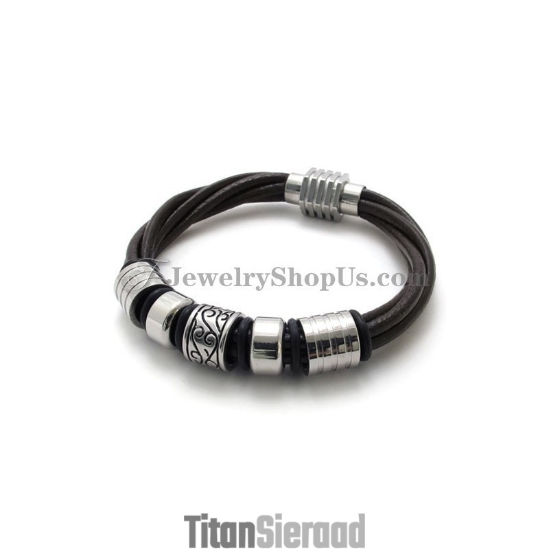 Mode Bruine Leren En Titanium Armband Mode Bruine Leren En Titanium Armband