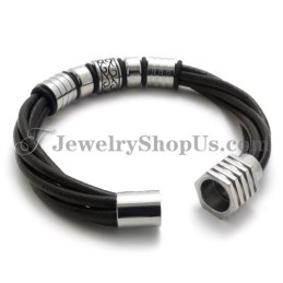 Mode Bruine Leren En Titanium Armband