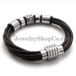 Mode Bruine Leren En Titanium Armband