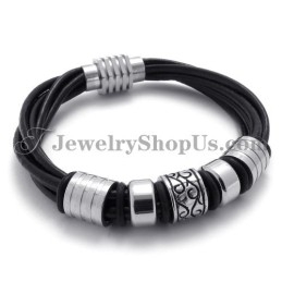 Elegante Zwarte Leren En Titanium Armband