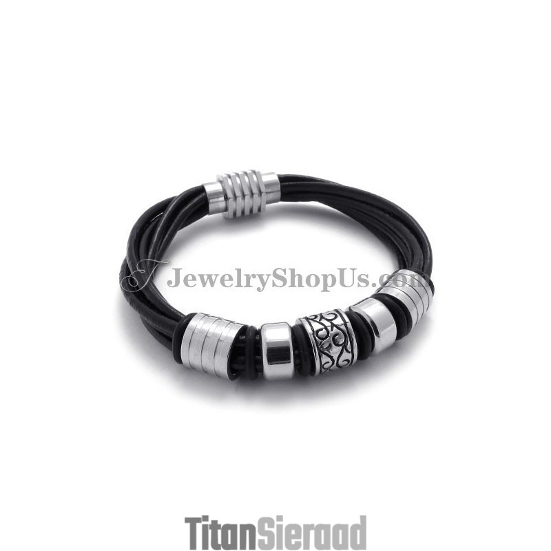 Elegante Zwarte Leren En Titanium Armband