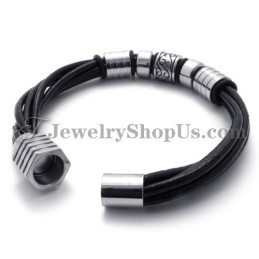 Elegante Zwarte Leren En Titanium Armband