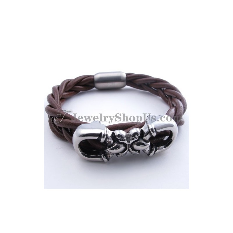 Mode Bruine Leren Titanium Armband Mode Bruine Leren Titanium Armband