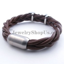 Mode Bruine Leren Titanium Armband