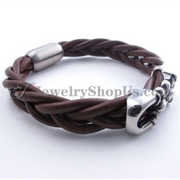 Mode Bruine Leren Titanium Armband