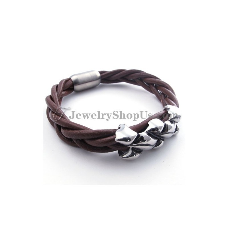 Elegante Bruine Titanium Leren Armband