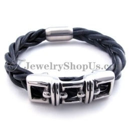 Elegante Zwarte Titanium Leren Armband