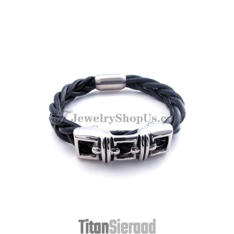 Elegante Zwarte Titanium Leren Armband
