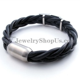 Elegante Zwarte Titanium Leren Armband