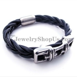 Elegante Zwarte Titanium Leren Armband
