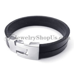 Elegante Zwarte Leren Armband Met Titanium