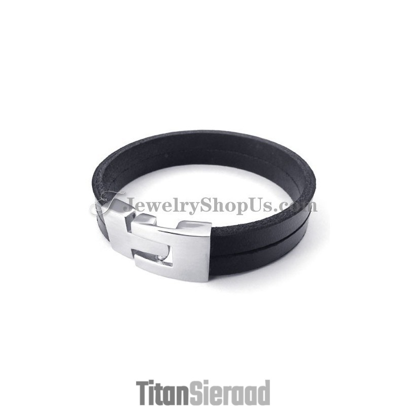 Elegante Zwarte Leren Armband Met Titanium Elegante Zwarte Leren Armband Met Titanium