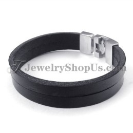 Elegante Zwarte Leren Armband Met Titanium