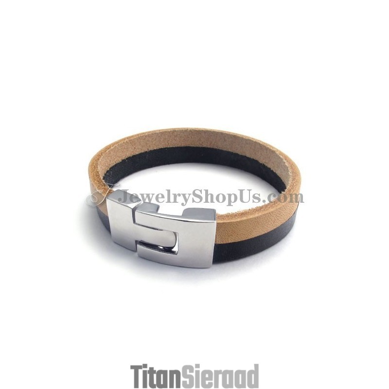 Elegante Zwarte En Bruine Leren Armband Met Titanium Elegante Zwarte En Bruine Leren Armband Met Titanium