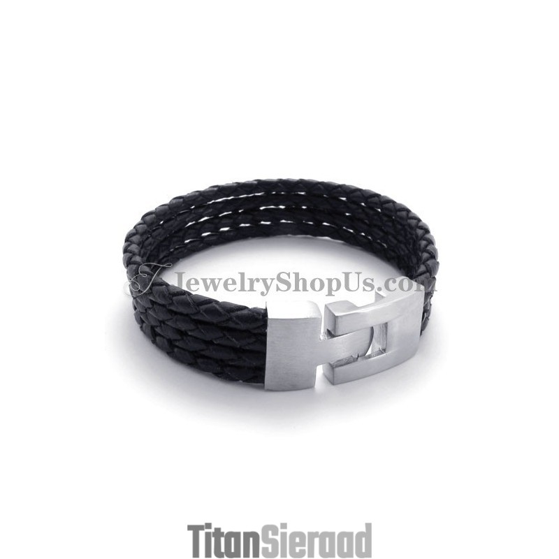 Elegante Zwarte Leren En Titanium Armband