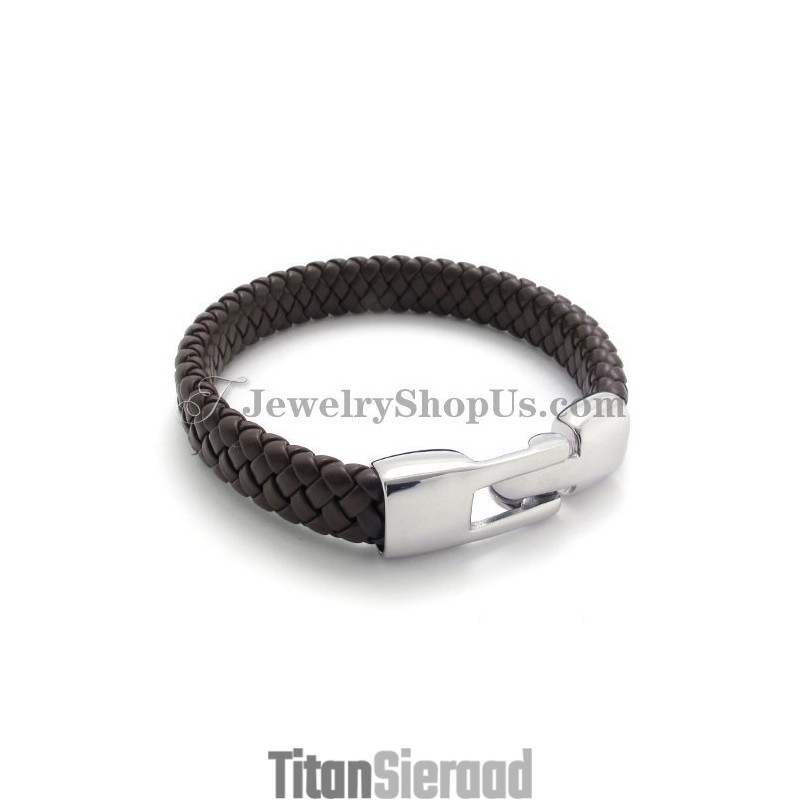 Elegante Bruine Titanium En Leren Armband