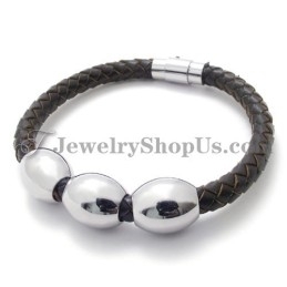 Mode Bruine Leren Titanium Armband