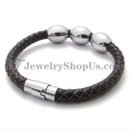 Mode Bruine Leren Titanium Armband