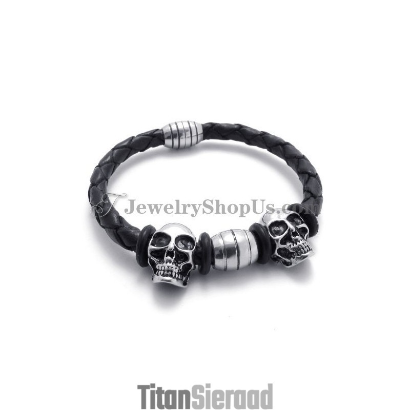 Elegante Leren Armband Met Titanium Schedels Elegante Leren Armband Met Titanium Schedels